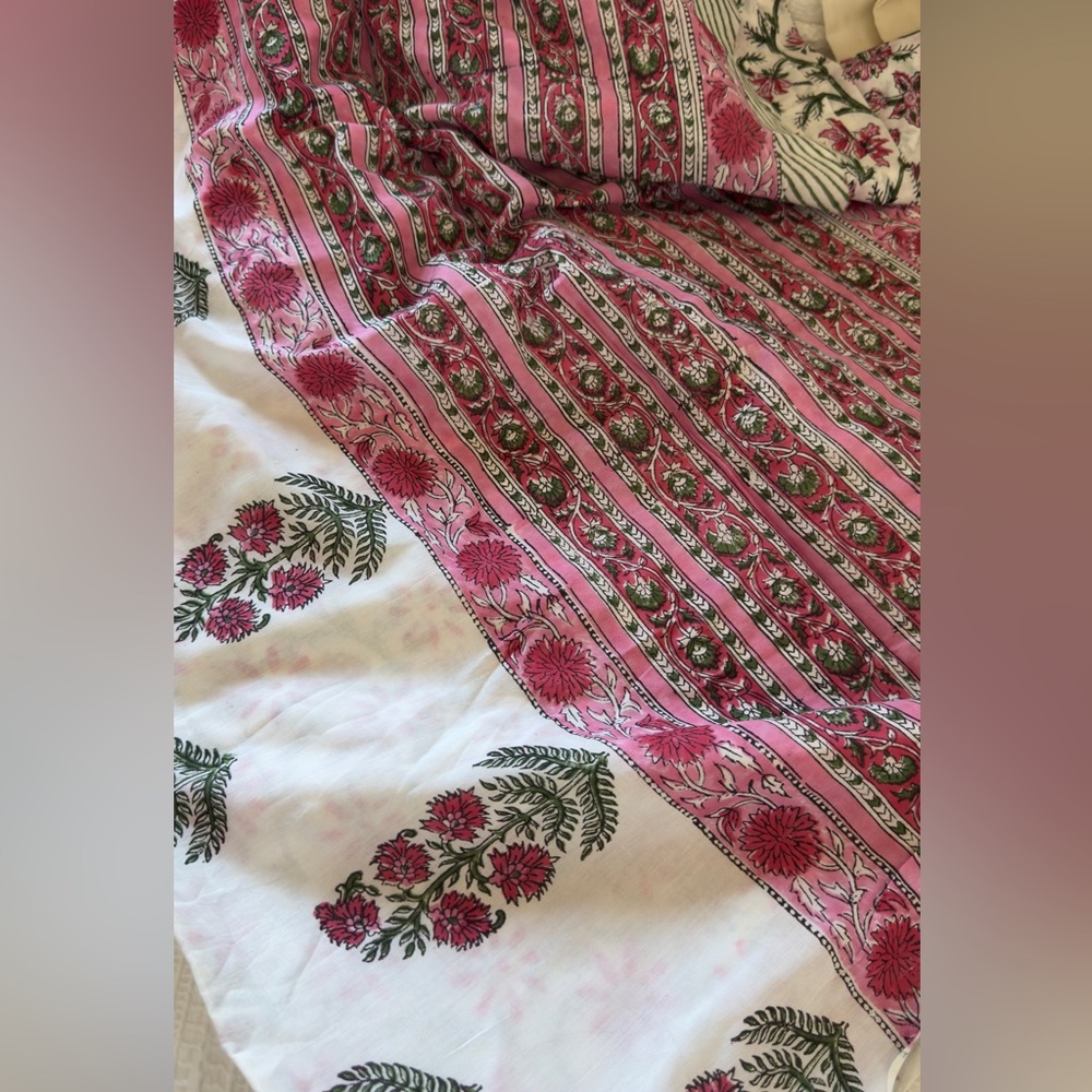Floral Print Fabric with Pink and Green Accents New block Print cotton Saree - Picture 14 of 15